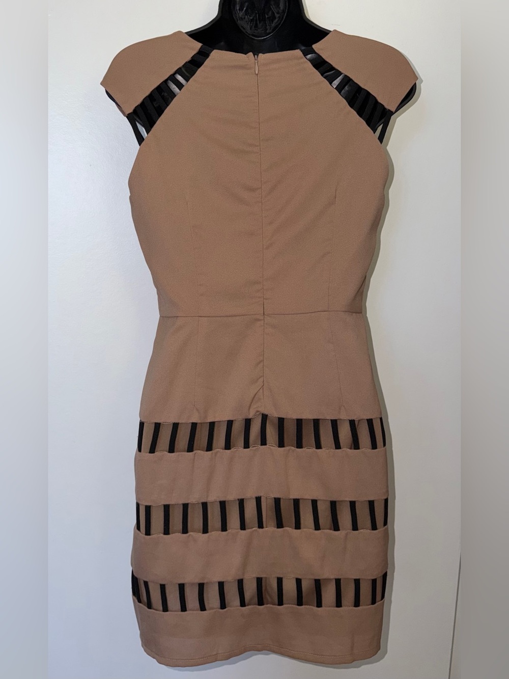 Ligali | Tan Taupe Midi Dress with Black Stripe Insets with lining